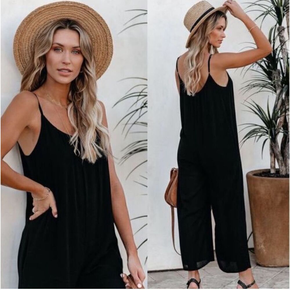 CARLY JEAN LOS ANGELES | Black Jumpsuit Wide Leg Cropped Linen Blend | Small